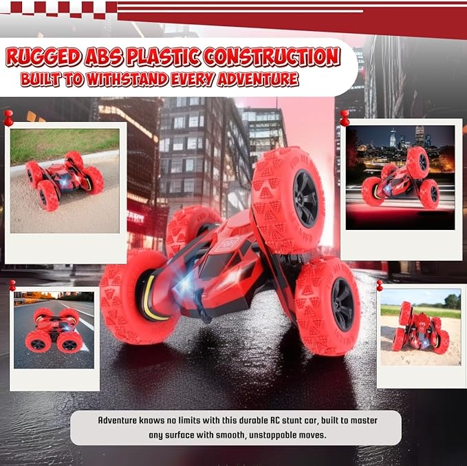 All-Round Drive Stunt RC Car - 360° Spins, High-Speed Off-Road with LED Headlights, 2 Rechargeable Batteries, AAA Remote Batteries, All-Terrain for Kids 6+ & Adults (Red)