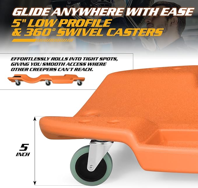 Magshion Mechanic Creeper with Padded Headrest & Tool Trays – 440 lbs Capacity, Rolling Garage Creeper with 6 Swivel Wheels, Lightweight & Portable Under Car Creeper for Auto Repair (Orange)