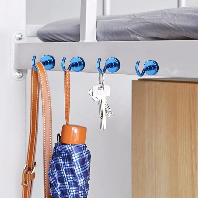 MIKEDE Magnetic Hooks Heavy Duty, 28LB+ Strong Magnets with Hook for Fridge, Neodymium Extra Strength Industrial Hooks for Hanging, Magnetic Hanger for Toolbox, Cruise, Grill(Blue,4 Pack)