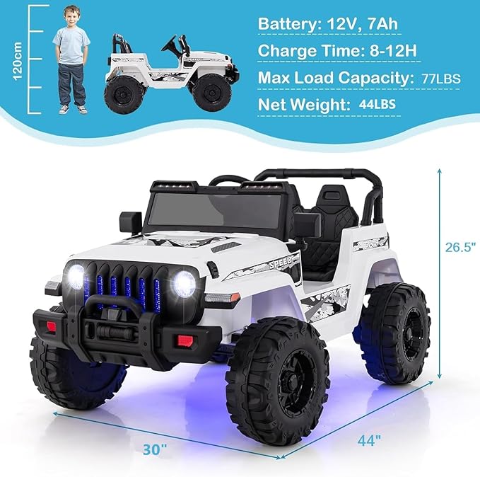INFANS Kids Ride on Car Truck with 2.4G Remote Control, 12V Battery Powered Electric Cars for Kids w/3 Speeds, Battery Display, LED Lights, Safety Belt, Music & Horn, Bluetooth/FM/USB (White)
