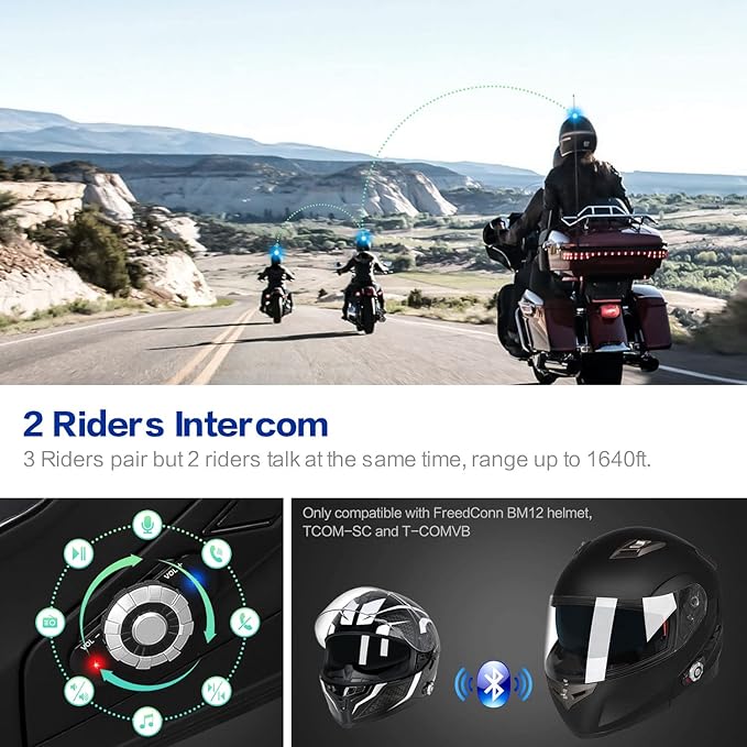 FreedConn BM2-S Bluetooth Motorcycle Helmet, Flip-Up Modular Motorbike Helmet, 500M Connectivity for 2-3 Riders, Voice Dial, Hands-Free Call, MP3, FM, DOT Certified (Large, Matte Black)
