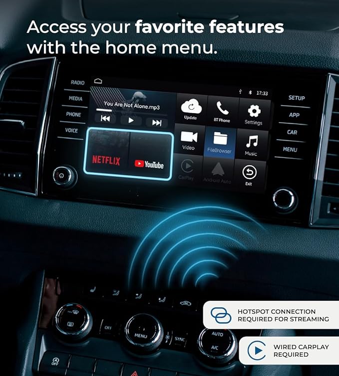 AutoSky Ai Box Lite Air - Streaming on the Go, Netflix and Youtube in your car. Convert Your Wired CarPlay into Wireless CarPlay or Android Auto. HotSpot Required for Streaming. Wired CarPlay Required