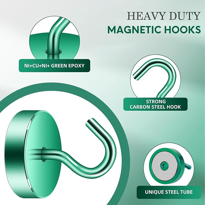 Neosmuk Magnetic Hooks, Cruise Ship Essentials, 80lb+ Heavy Duty Magnetic Hooks for Cruise Cabins, Refrigerator, Grill, Hanging, and Travel | Extra Strong Must-Haves Magnet Hook,Green