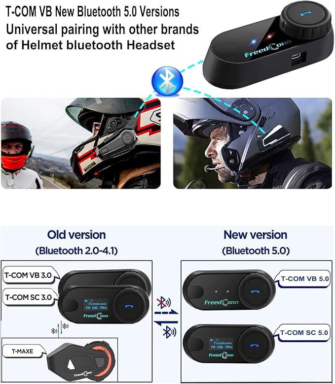 FreedConn Motorcycle Helmet Bluetooth Headset,TCOM VB with Music Sharing 2-Riders 800M Universal Intercom Communication Systems,Waterproof Motobike Interphone/FM/Siri/BT5.0/2 in 1 Mic for All Helmets