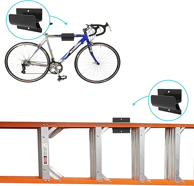 Ladder Hooks for Garage Organization, Wall Mount Storage Rack, Heavy Duty Hangers for Wheelbarrow, Black with Screws