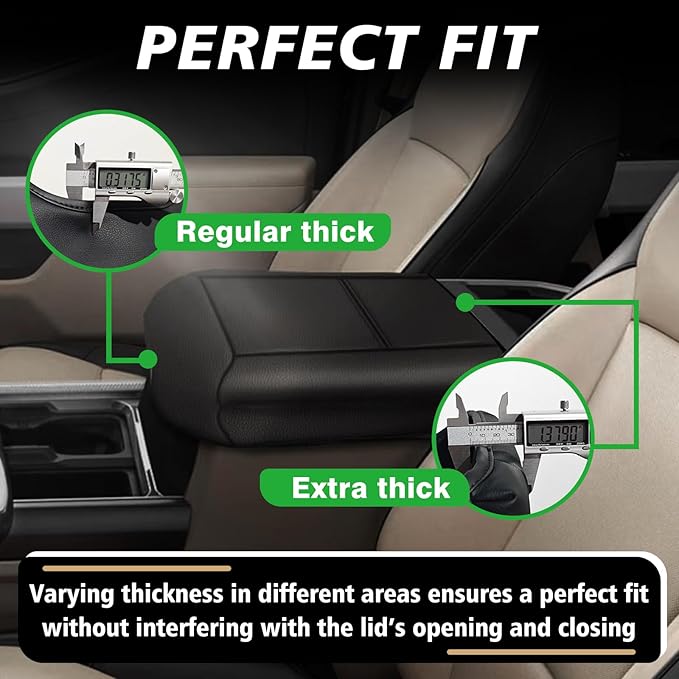 Muslogy Center Console Armrest Cover Compatible with Ford F250 F350 F450 2023 2024 2025 Super Duty Comfort Armrest Pad Arm Rest Cushion Vegan Leather Protector 1-Inch Extra Thick(Bucket Seat ONLY)