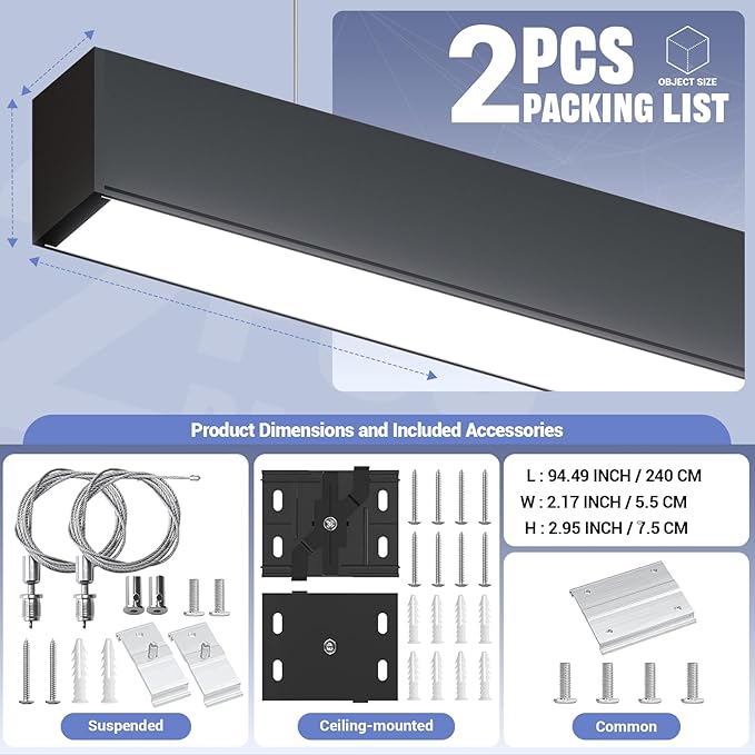 8FT LED Linear Light,100/90/80/70/60W Up and Down Light, 3000/4000/5000K CCT,Commercial And Residential Linear Lights Fixture for Office,Pendant Lights for Home,Shop,Garage,Basement,School-2Pack