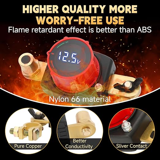 Top Post Battery Disconnect Switch with Voltmeter, DC 5-60V Battery Kill Switch Master Isolator On Off Kill Switch Power Cut/Shut Off Switch for Boat Car RV Truck Camper Trailer