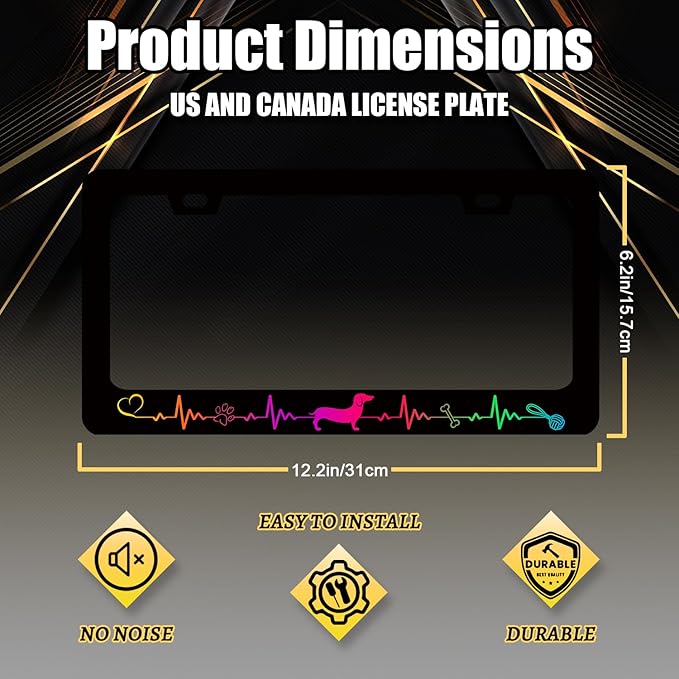 Colorful Dachshund License Plate Frame Lifeline Dogs Paws License Plate Holder Funny License Plate for Car Decoration Stainless Steel Animal Car Accessory with Screws Men Women 12.3"x 6.3"