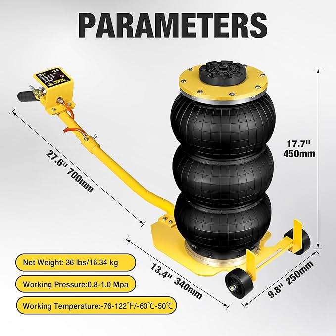 YELLOW JACKET Air Jack 3 Ton Triple Bag Air Jack with Six Steel Pipes, Portable Pneumatic Jack with Long Hand, 3-5 s Fast Lifting Airbag Jack for Cars, Garages, Repair, Yellow