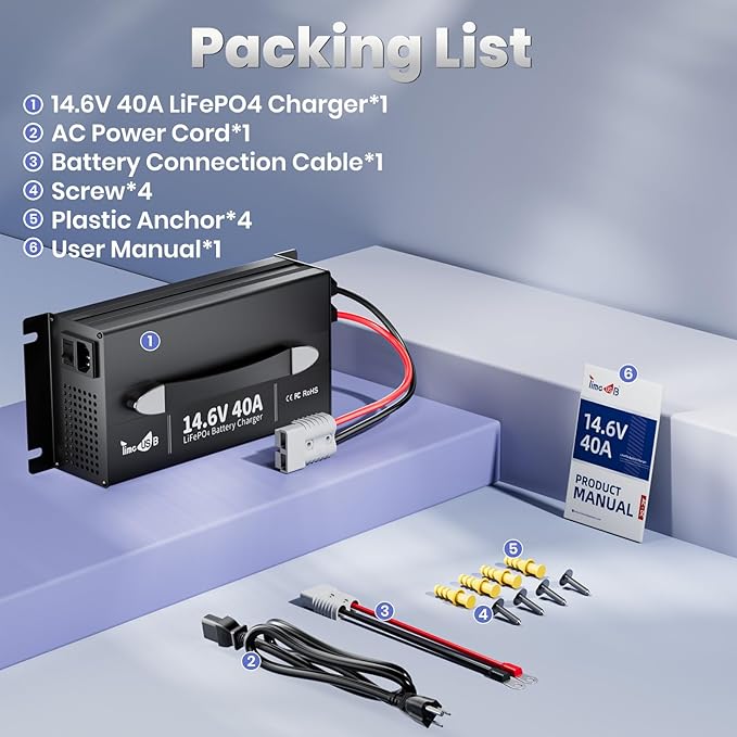 UltraFast 12V 40A LiFePO4 Battery Charger with Smart Activation, LED Indicator & Wire Lugs - Wall-Mountable Design