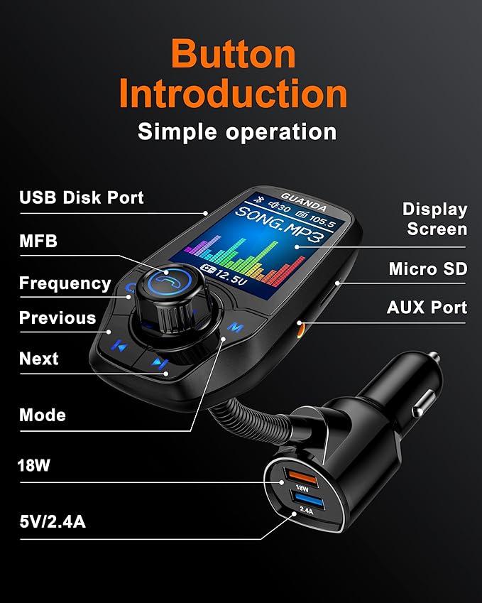 Upgraded Bluetooth FM Transmitter for Car, Wireless Radio Adapter Kit W 1.8" Color Display Hands-Free Call AUX in/Out SD/TF Card USB Fast Charge 18W for All Smartphones Audio Players - Matte Black