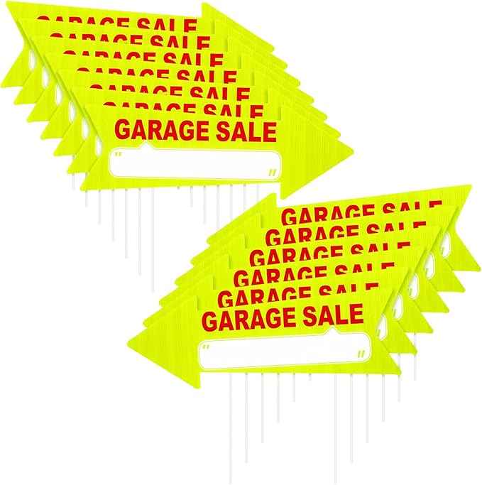 Wenqik 12 Pcs Garage Sale Signs with Stakes Double Sided Neon Arrow Signs with Stakes 17 x 6 Inches High Visibility This Way Plastic Garage Sale Decoration(Yellow and Red)