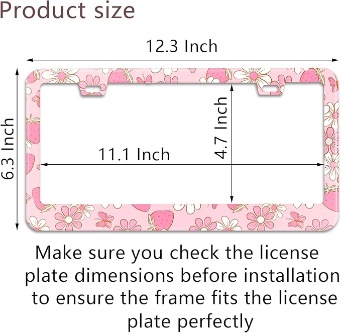 Pink Strawberry Butterfly Floral License Plate Frame Stainless Steel License Plate Frames Holder Covers Rust-Proof Auto Parts Decoration with Screws License Plate Holder for Car Accessories 12x6 Inch