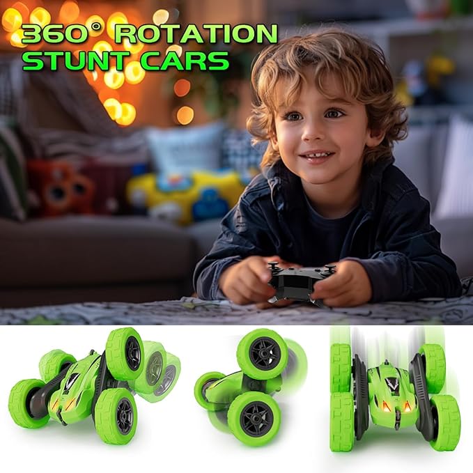 Remote Control Car for 6-12 Year Old Double Sided 360°Rotating 4WD RC Cars with Headlights 2.4GHz Rechargeable Electric Stunt Race Car Toy for Boys Girls Birthday Gifts(Green)