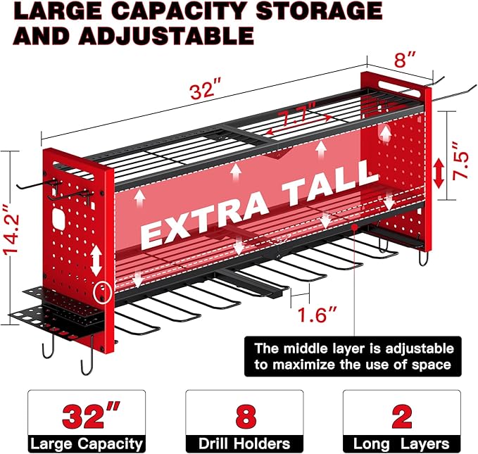 Power Tool Organizer Wall Mount,Cordless Drill Hanger Storage Rack 8 Drill Holder,3 Layers Heavy Duty Power Tool Storage Rackr(Red)