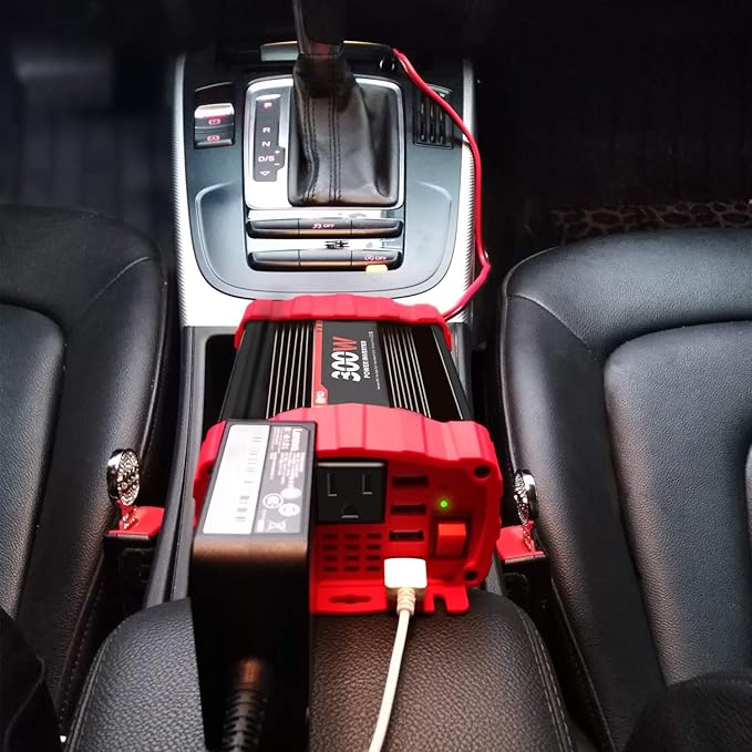 BYGD 300W Car Power Inverter, DC 12V to 110V AC Vehicle Plug Adapter Converter with 4 USB Quick Charging Ports and Dual AC Outlets Car Charger Equipped Cigarette Lighter Cable and Battery Clamps Red