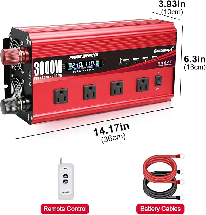 3000W Power Inverter 24V to 110V/120V DC to AC with LCD Display, Remote Controller 4 x AC Outlets and 4 x 3.1A USB Car Adapter for Car Truck Boat RV Solar System