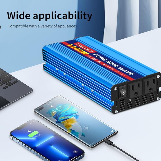 1100 Watt Pure Sine Wave Inverter, Solar Power Inverter, 12V DC to 110V AC Converter for RV, Home, Truck, Coffee Maker, Washer, TV, Fridge, Solar Power Pack with 2 AC Outlets and LCD Display
