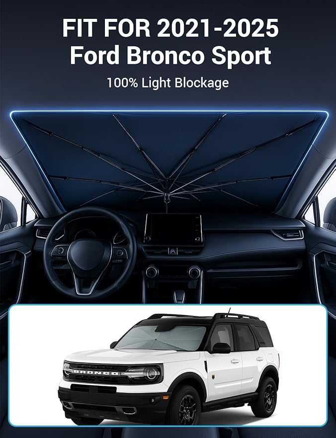 Proadsy Windshield Sun Shade Umbrella for Ford Bronco Sport 2021-2025 2026 Foldable Car Umbrella Sunshade with Soft TPU Handle Spring Structure Crystal Cooling Material Protect Car from Rays & Heat