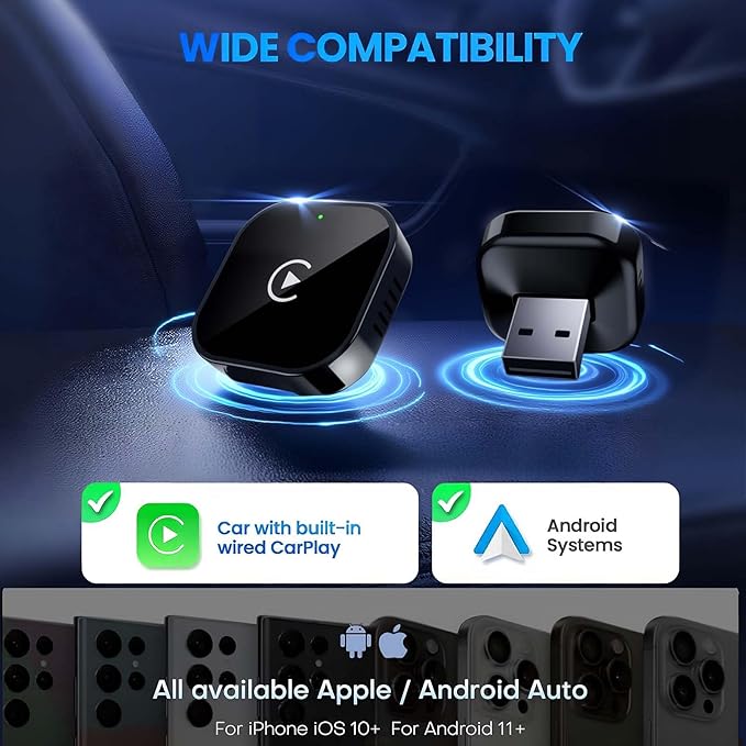 Wireless Adapter Convert Wired to Wireless for CarPlay＆Android Small Size, Plug and Play, Fast and Stable Connection