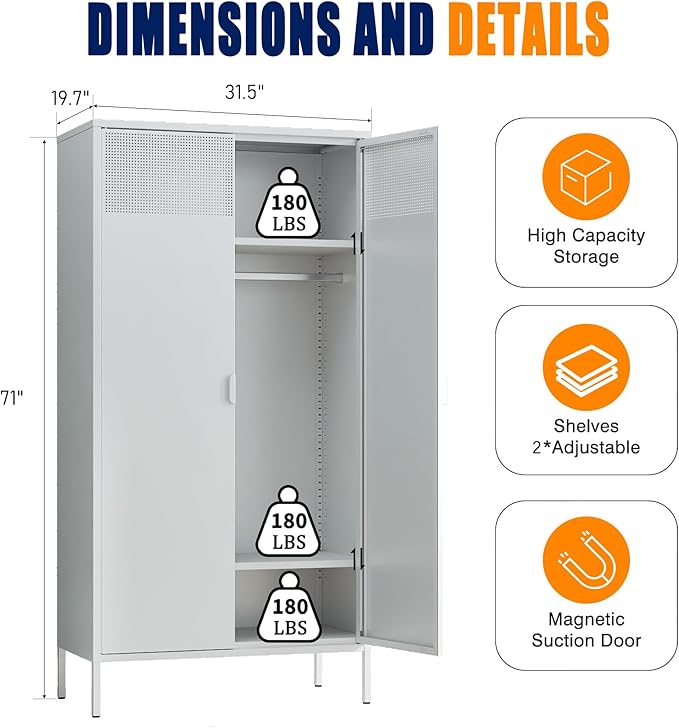 Metal Storage Cabinets Locker with Hanging Rod and Adjustable Shelves, 71'' Clothing Steel Storage Wardrobe for Home & Office, School, Employee,Gym(White, 71''H-Wardrobe)