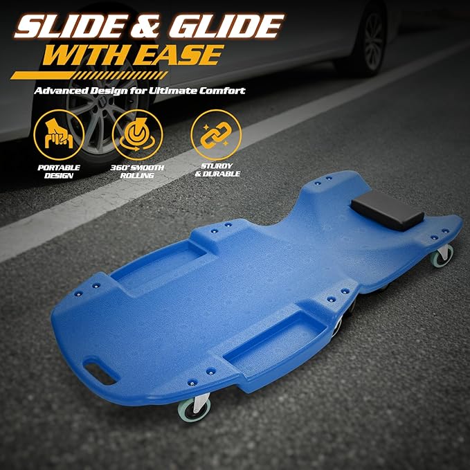 Magshion Mechanic Creeper with Padded Headrest & Tool Trays – 440 lbs Capacity, Rolling Garage Creeper with 6 Swivel Wheels, Lightweight & Portable Under Car Creeper for Auto Repair (Blue)