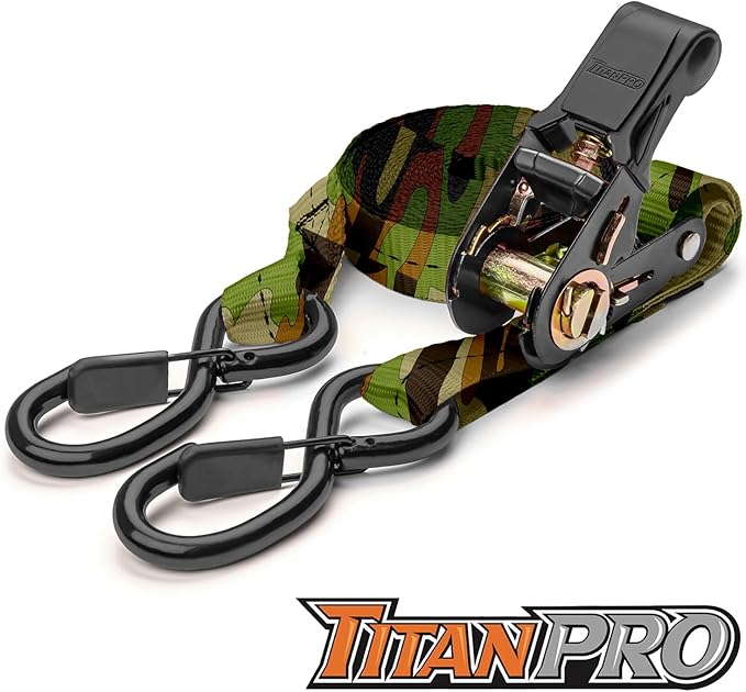 TitanPro Heavy Duty Ratchet Straps 4-Pack - 2,200lb Break Strength, 1" x 15' Rachet Tie Downs with Padded Handles - Heavy Duty, Truck, Motorcycle, Moving Straps (Camo)