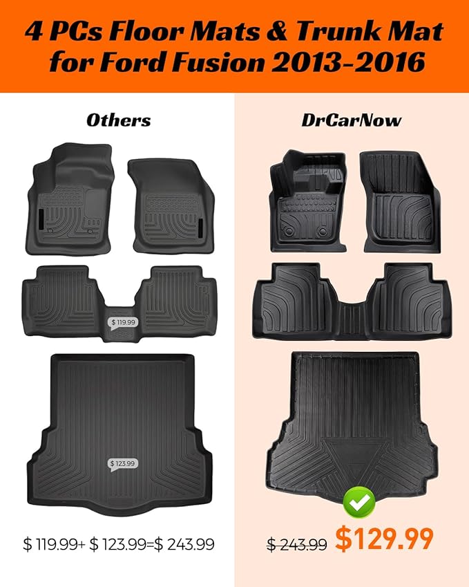 for 2016-2013 Ford Fusion Floor Mats Cargo Liner S SE Titanium Rubber Trunk Carpet All Season Weather Protection Waterproof Anti-Slip Tech Automotive 2015 2014 Car Accessories Black Not for Hybrid