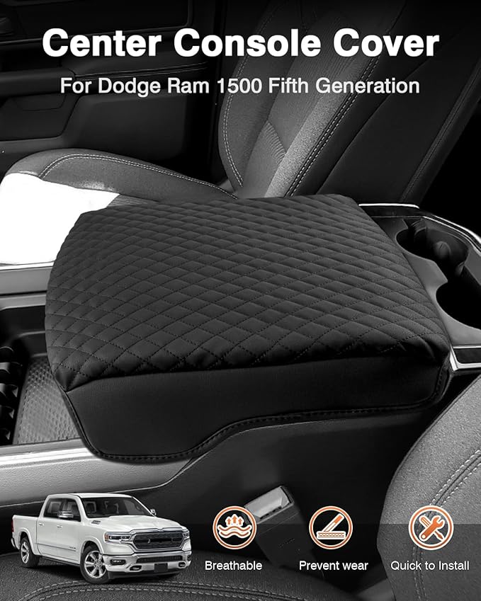 Shademax Custom for Dodge Ram 1500 Center Console Cover, Armrest Cushion Pad Cover for Dodge Ram 1500 2500 3500 Accessories 2019-2025 2026 Leather Dodge Ram Console Bucket Seat Protector Anti-Scratch