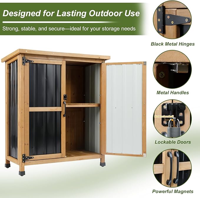 Outdoor Storage Cabinet Wood & Metal Small Storage Shed Waterproof Roof, Double Lockable Doors Garden Shed with Removable Shelves for Patio, Garden, Backyard, Lawn, 32" x 13" x 40" (Brown)