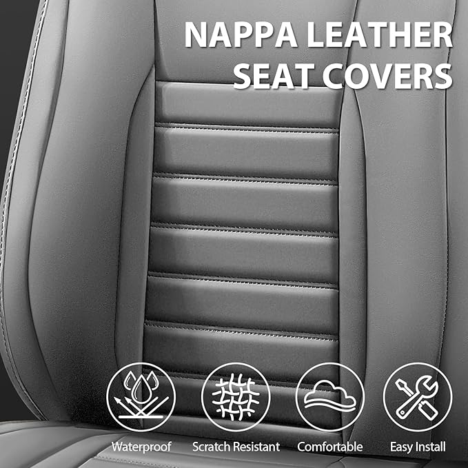 CAR PASS Nappa Leather Car Seat Covers Full Set, Luxury Seat Protector for Cars, Waterproof Anti-Slip Car Seat Cushion Armrest Compatible Airbag Universal for Sedan SUV Pick-up Truck Automotive, Gray