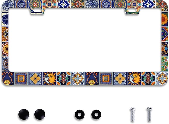 Personalise Mexican Tiles License Plate Frames Mandala Boho License Plate Frame Car Universal Stainless Steel Accessories Cars Decorative 2 Holes Screws Fits Standard US Vehicles Size 12.2 x 6 Inches