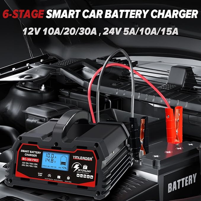 Battery Charger 30A, 12V/24V Lead Acid Smart Battery Charger, 12V LiFePO4 Car Battery Trickle Charger, Automatic Battery Maintainer for Car Motorcycle Lawn Mower Marine Boat Lead Acid Batteries