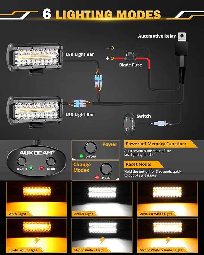 Auxbeam 7 Inch 300W LED Light Bar, 6 Modes Strobe Amber Pod Lights Yellow Fog Light Dual Color Spot Flood Offroad Driving Lights, Memory Function LED Work Lights for Truck Car ATV