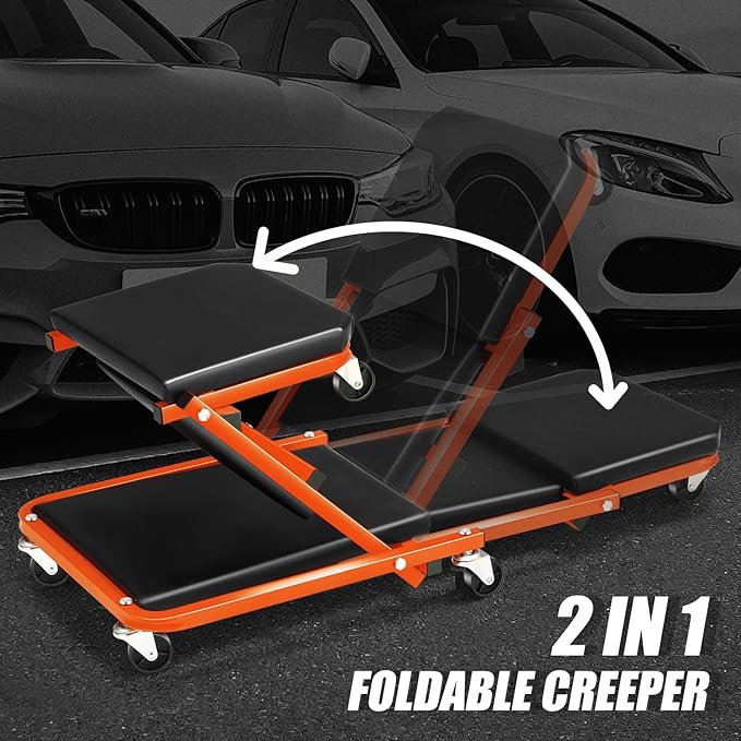 DNA MOTORING 36 Inches 2 IN 1 Rolling Folding Car Creeper/Seat, 6 Pcs 2" Casters, 150kg Weight Capacity, Orange, TOOLS-00185-OG