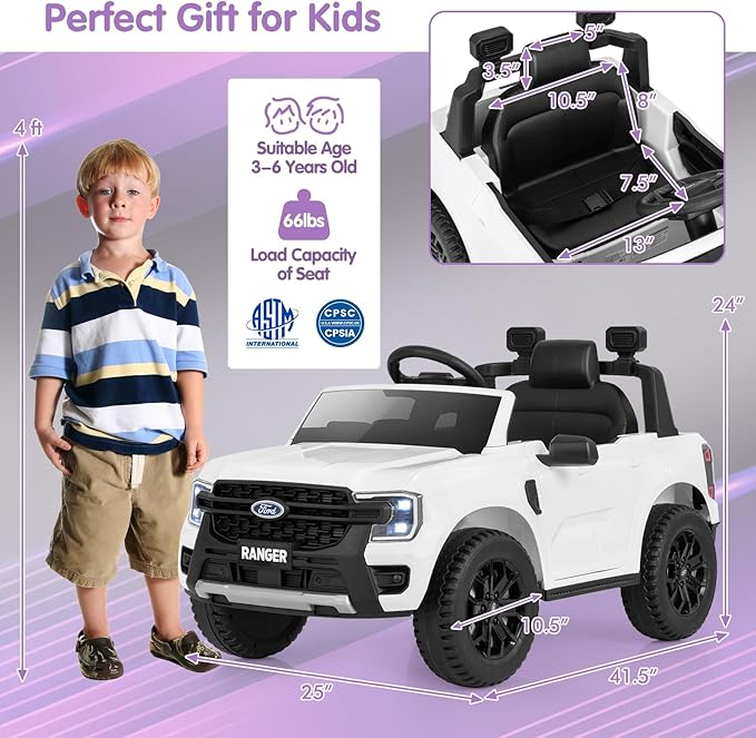 HONEY JOY Ride On Car, 12V Licensed Ford Ranger Electric Vehicle for Kids, Spring Suspension, Music & 3 Speeds, Horn, LED Lights, Battery Powered Ride On Toy with Remote Control(White)