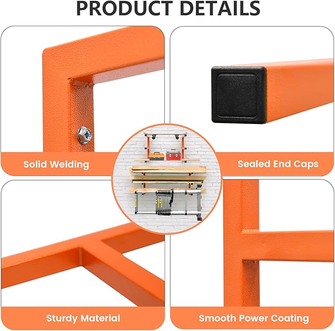 4 Pack Wood Organizer and Lumber Storage Rack Wall Mount, Heavy Duty Wood Storage Organizer Racks with 3-Level System for Garage, Workshop, Basement, Holds Up 220 LBS Per Level (Orange)