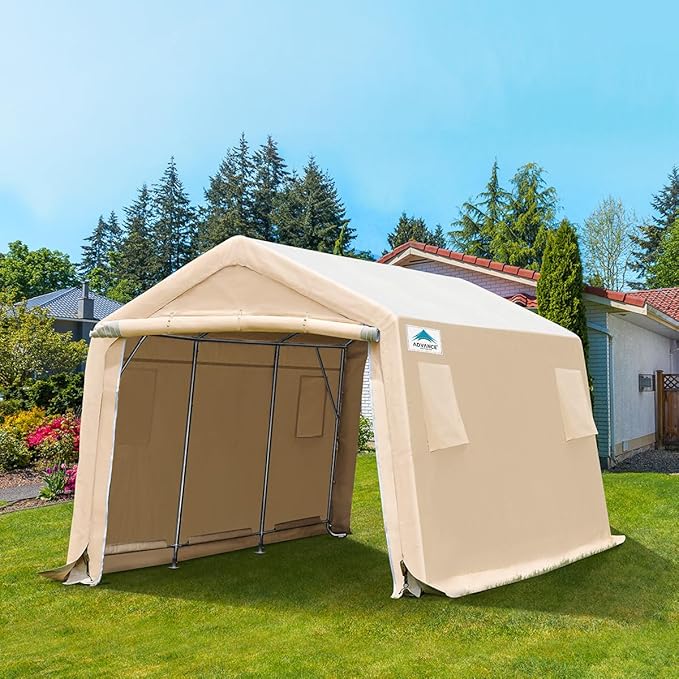 ADVANCE OUTDOOR 10x15 ft Shelter Storage Shed Steel Metal Peak Roof Portable Garage Carports for Motorcycle, Boat or Garden Tools with 2 Roll up Doors & Vents, Beige