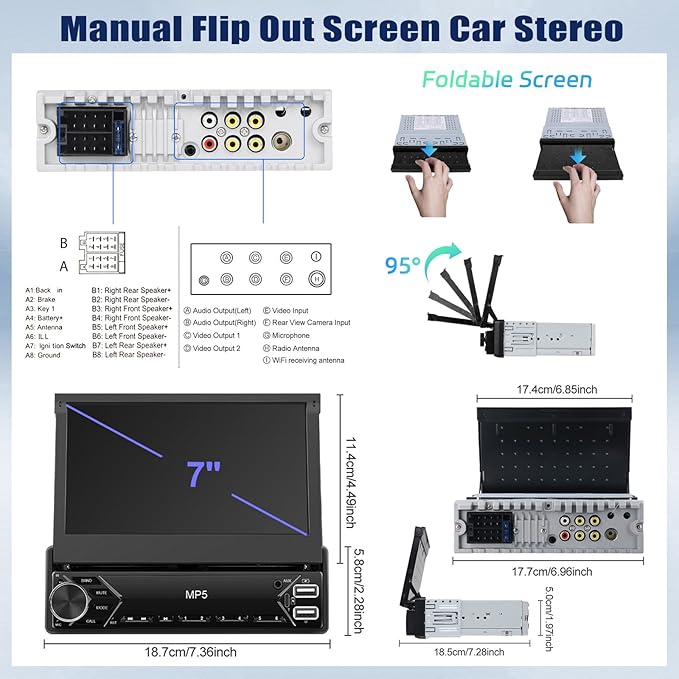 Single Din Touchscreen Car Stereo with Wireless Carplay&Android Auto,7 Inch Car Radio Flip Out MP5 Play with BT FM Radio EQ Mirror Link Car Audio with USB/TF/AUX-in SWC+Backup Camera+Microphone