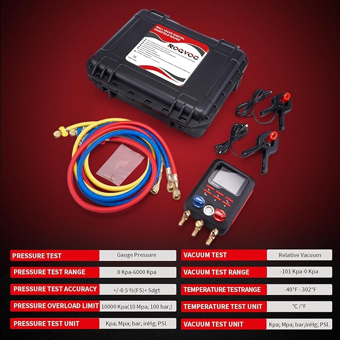 Digital Manifold Gauge, HVAC Refrigerants Digital AC Gauges Set with 2 Thermometer Clamps and 3 Hoses, for R22/R410A/R134A/1234YF Refrigerant Recharge Kit, Black
