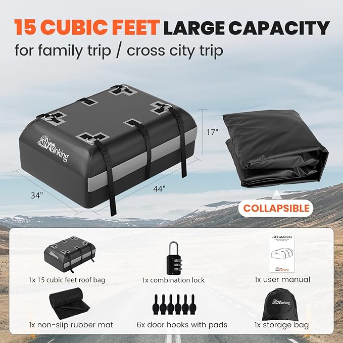 Asinking Car Rooftop Cargo Carrier Bag - 100% Waterproof Heavy Duty Car Roof Luggage Carrier 15 Cubic Feet, Fits All Vehicles with/Without Roof Rack - Easy Install & Triply Reinforced for Secure Use