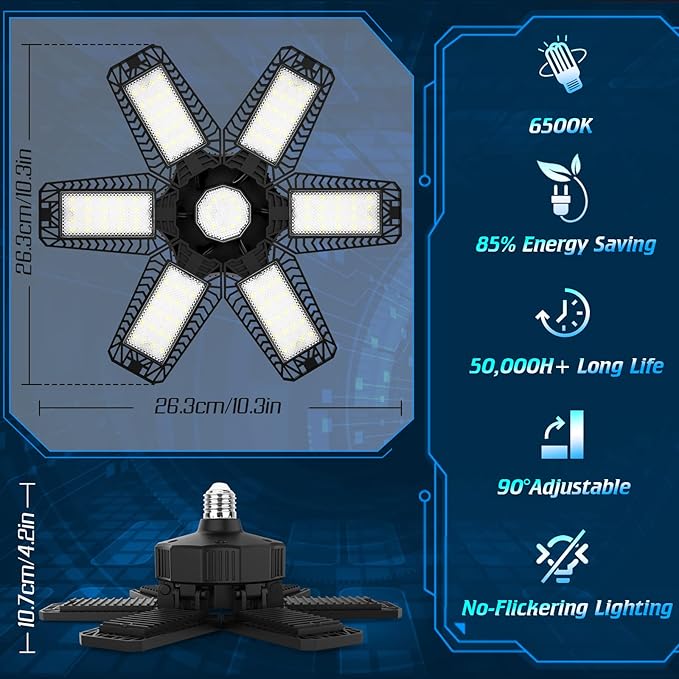 ISKYDRAW Garage Lights - 4 Pack 200W Garage Lights Bulb Bright 20000LM 6500K Garage Light Ceiling LED with 6 Deformable Panels, E26 E27 Socket Screw in Shop Lighting for Basement Barn Attic