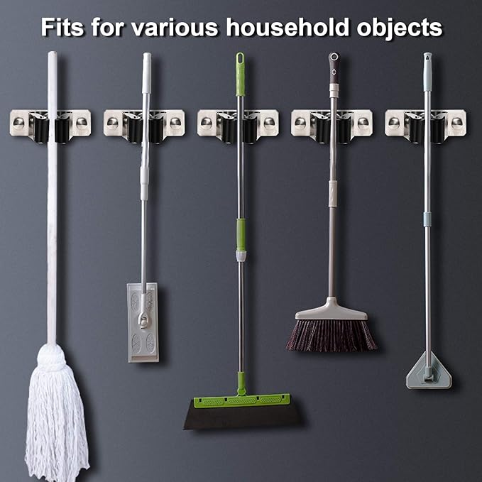 Mop and Broom Holder Wall Mount, 2PCS Heavy Duty Stainless Steel Broom Hanger Wall Mounted Broom Organizer Garage Organization Tool Organizer Storage for Laundry Room Home Garden Garage