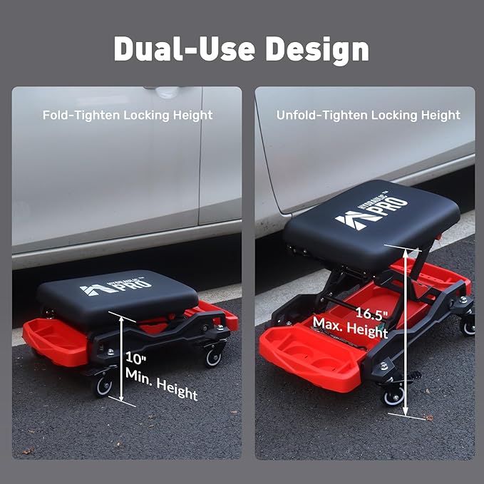 Automotive Creeper Seat with Rolling Wheels, 300 LBS Capacity Mechanic Stool, Heavy Duty Garage Stool with Soft Padded Cushion and Tool Trays, Foldable Design for Easy Storage