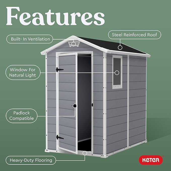 Keter Manor 4x6 Resin Outdoor Storage Shed Kit-Perfect to Store Patio Furniture, Garden Tools Bike Accessories, Beach Chairs and Lawn Mower, Grey & White