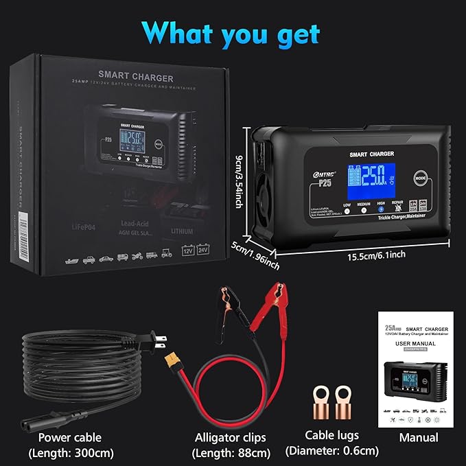 25Amp Lithium Battery Charger, 12V and 24V Lead-Acid (AGM/Gel/SLA) Battery Charger, Battery Maintainer Pulse Repair Charger Trickle Charger Battery Desulfator for Boat, Motorcycle, Golf cart
