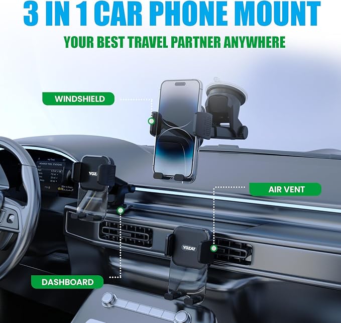 Car Phone Holder for Dashboard, Windshield, Air Vent - Universal Mount, Heavy Duty, Compatible with All Smartphones