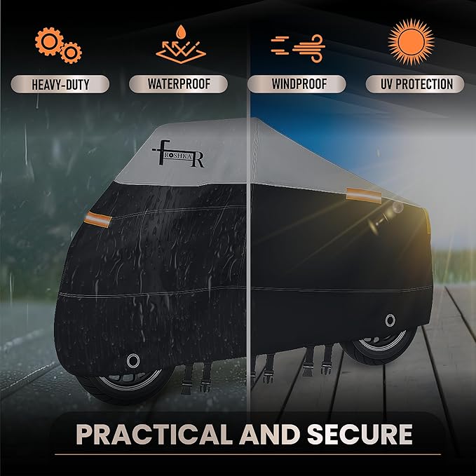 Motorcycle Cover Waterproof Outdoor with Cotton Lining, All Weather Protection from Rain, Dust & Snow - 300D Heavy Duty, Lock Holes, Storage Bag, Universal Fits up to 108" Motorcycles - MC2