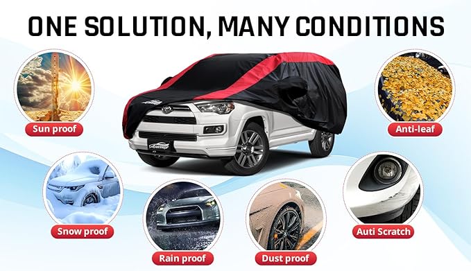 Toyota 4Runner Car Cover Waterproof All Weather with Red Strip Design, Custom Fit for Toyota 4Runner 2003–2025, 4Runner Accessory with Door Zipper & Windproof Straps